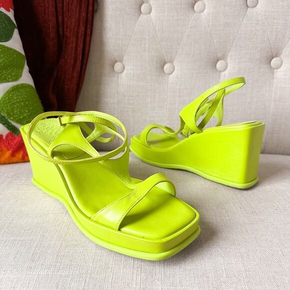 Vince Camuto Acid Lime Green Wedge Platform Leather Sandals - Picture 1 of 10